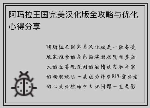 阿玛拉王国完美汉化版全攻略与优化心得分享